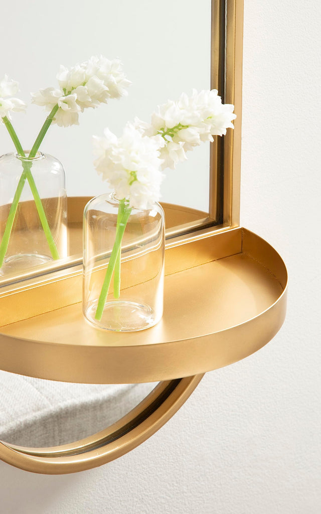 Estero Modern Metal Oval Mirror with Rounded Shelf; 11 x 25; Gold; Decorative Modern Glam Capsule Shelf Mirror