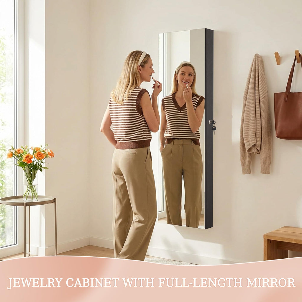 Mirror Jewelry Cabinet, Lockable Wall or Door Mounted Jewelry Armoire Organizer With Built-up Mirror, LED Lights