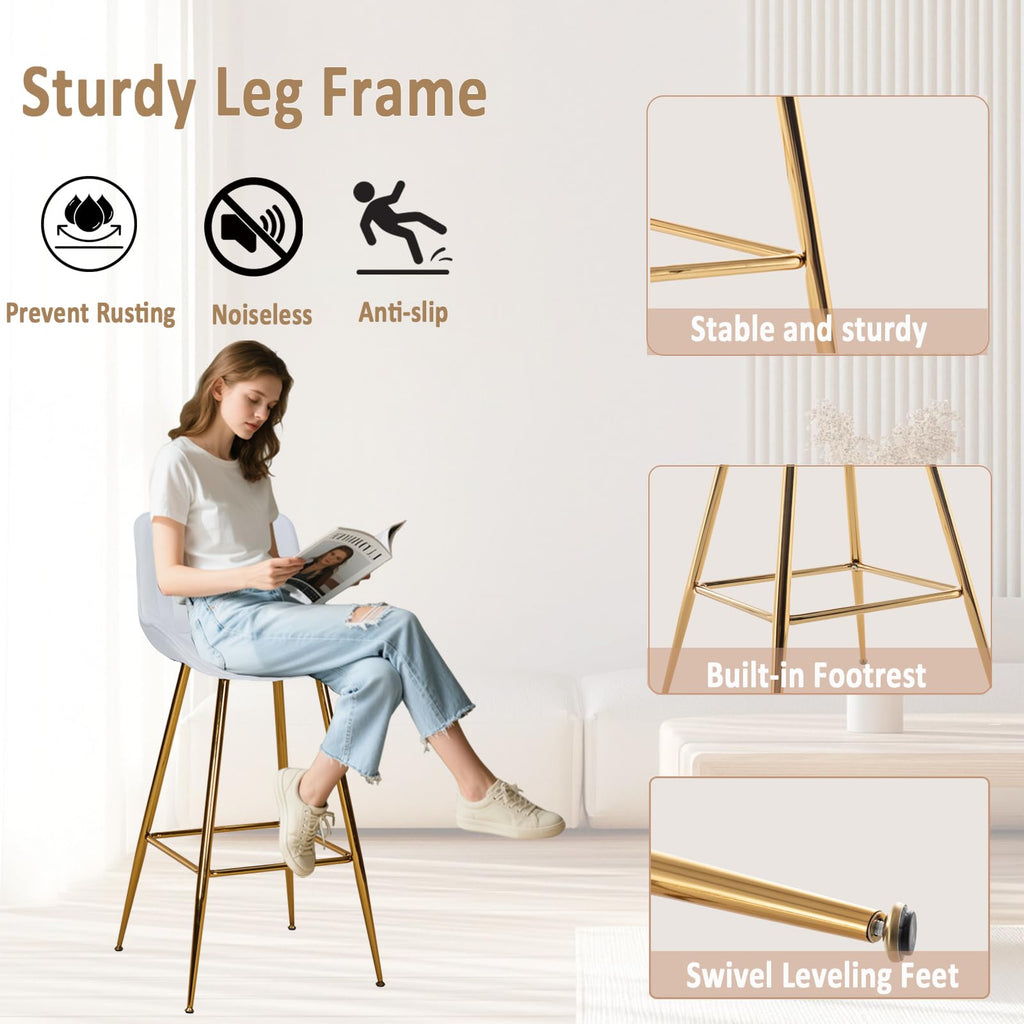 Velvet Bar Stools with Gold Legs, Set of 2 Counter Height Stools Island, 29 Inch Modern Barstools with Swivel