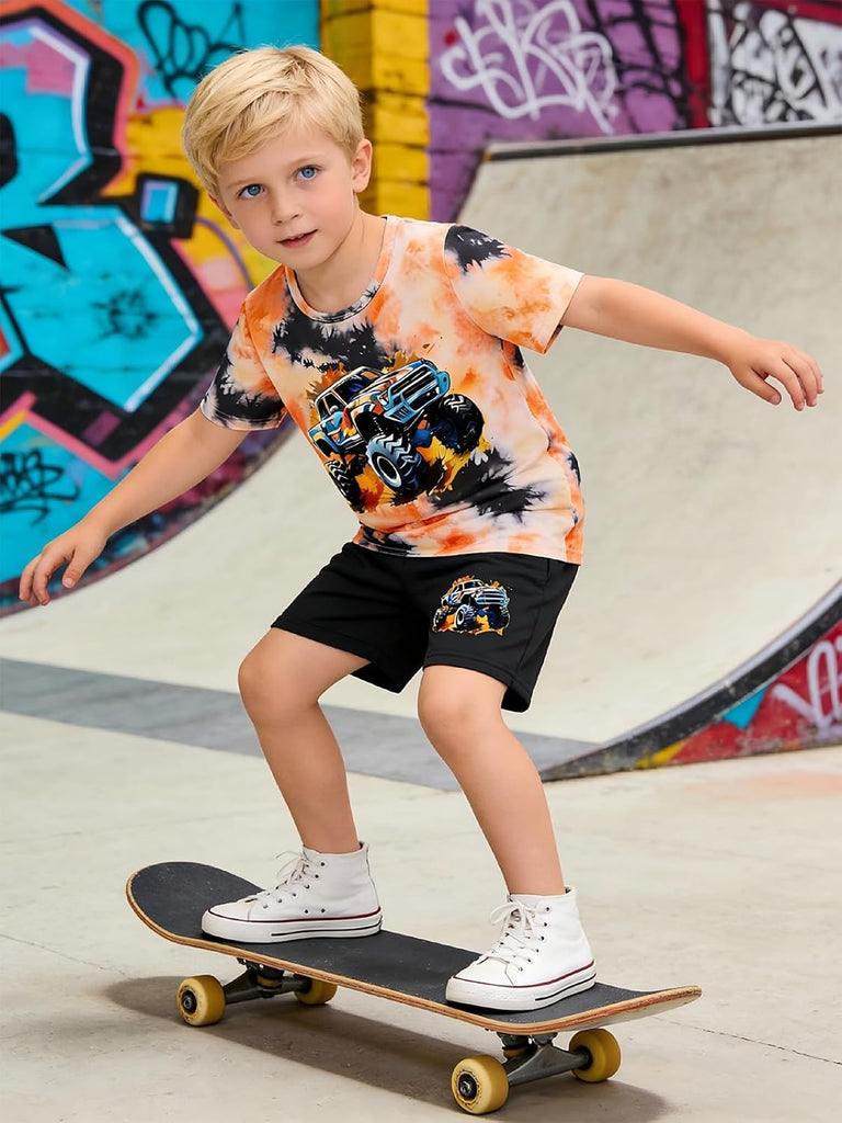 Boys Clothes Piece Summer Outfit 3D Car Print Tie-Dye T-Shirt & Elastic Waist Shorts for Kids Clothing Set