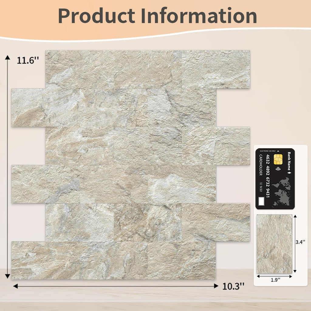 10 Sheets Sandstone Peel and Stick Backsplash Wall Tiles, 12"x12" Thick PVC Subway Tile Backsplash
