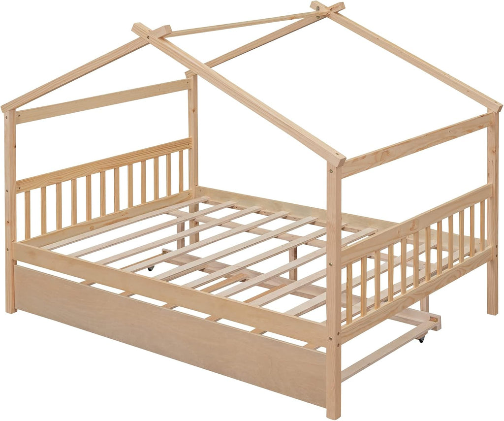 Full House Beds with Trundle Wooden Kids Montessori Bed Frame Wood Playhouse Tent Bed Frame for Girls Boys, Full