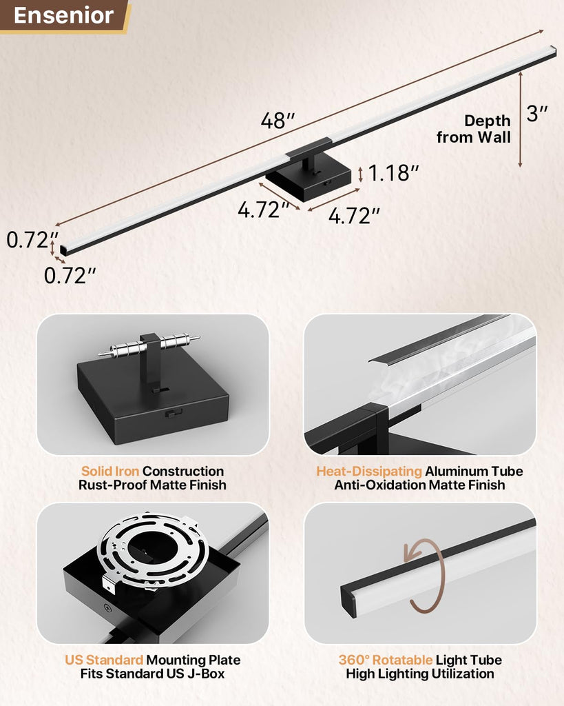 48" Modern Black Bathroom Vanity Lights, Built-in Dimmer, 5CCT