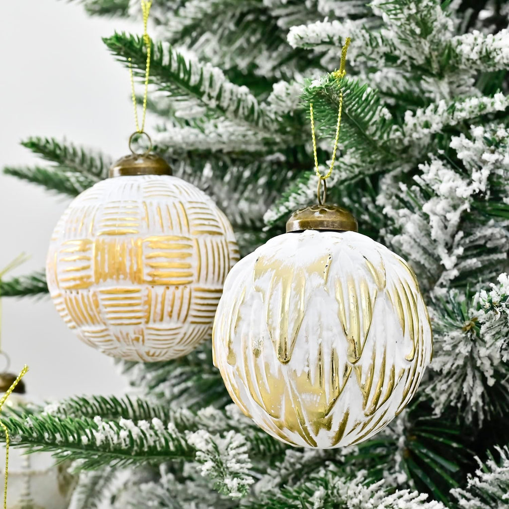 Christmas Ball Ornaments Set, 80mm Elegant White and Gold Assorted Xmas Tree Ball Ornaments, Shatterproof - Set of 12
