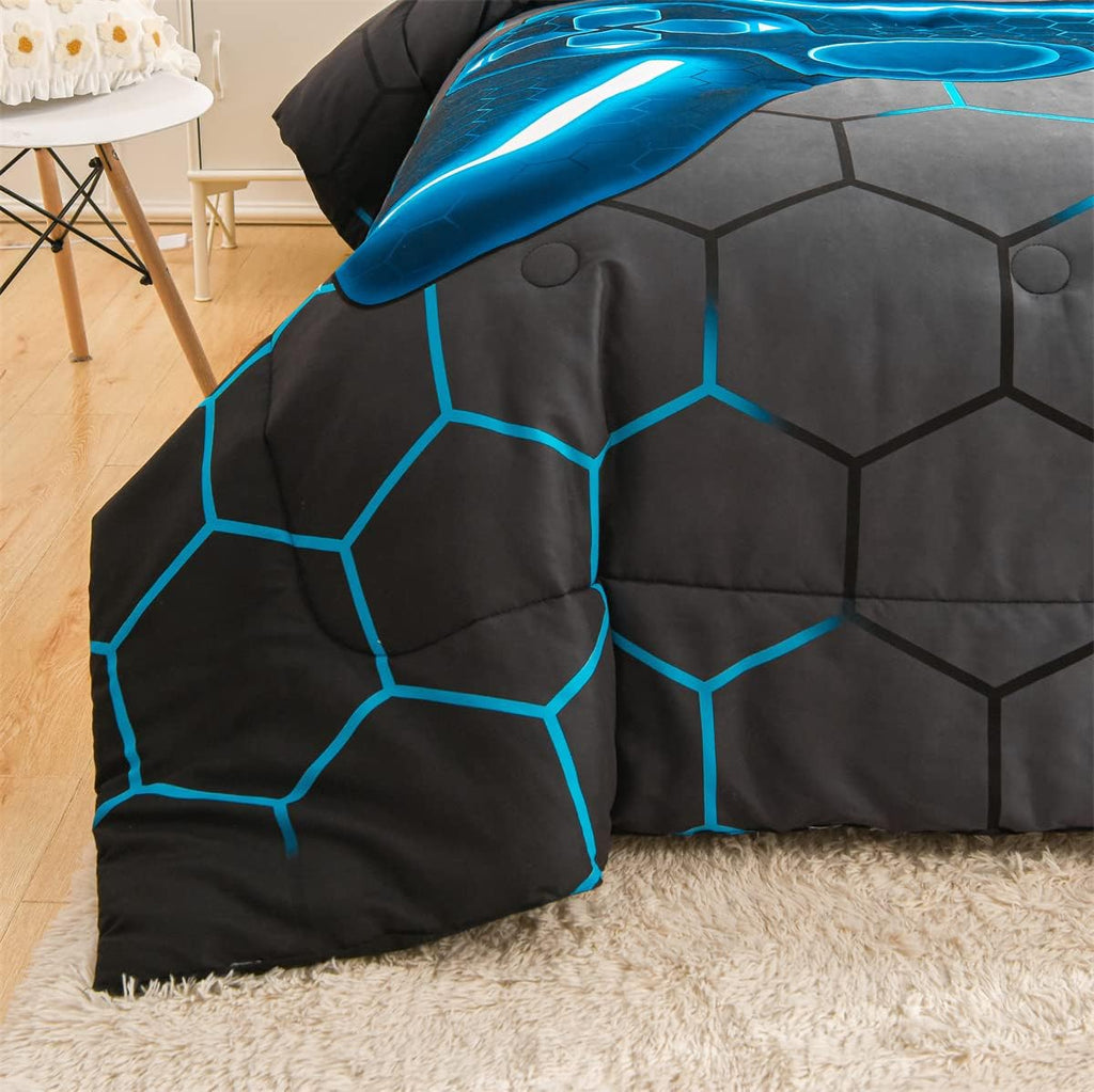 Game Console Comforter Set for Boys Girls Kids 3D Gaming Geometric Lightweight Microfiber Bedding Sets (Blue, Twin)