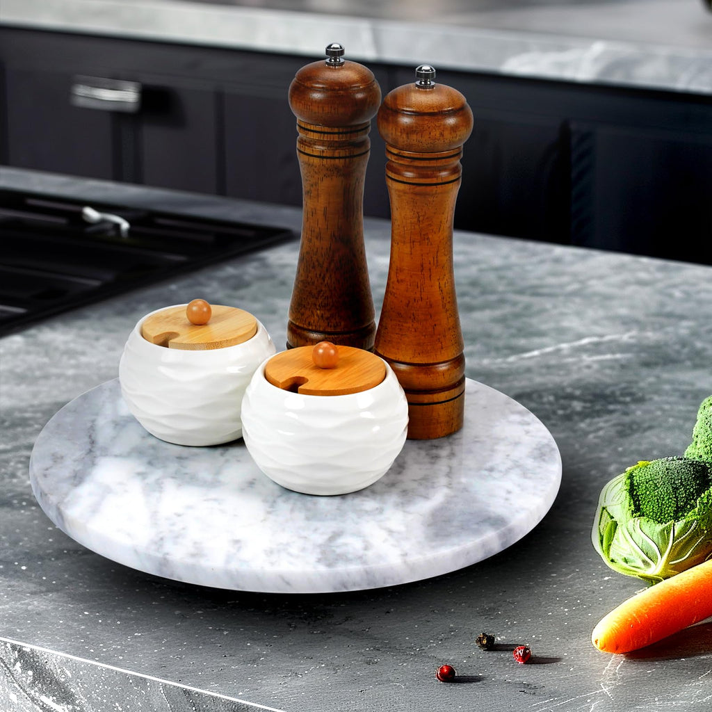 12" Mable Lazy Susan, 100% Natural Marble Round Tray with Silent Rotating, Kitchen Turntable Storage Turner Revolving