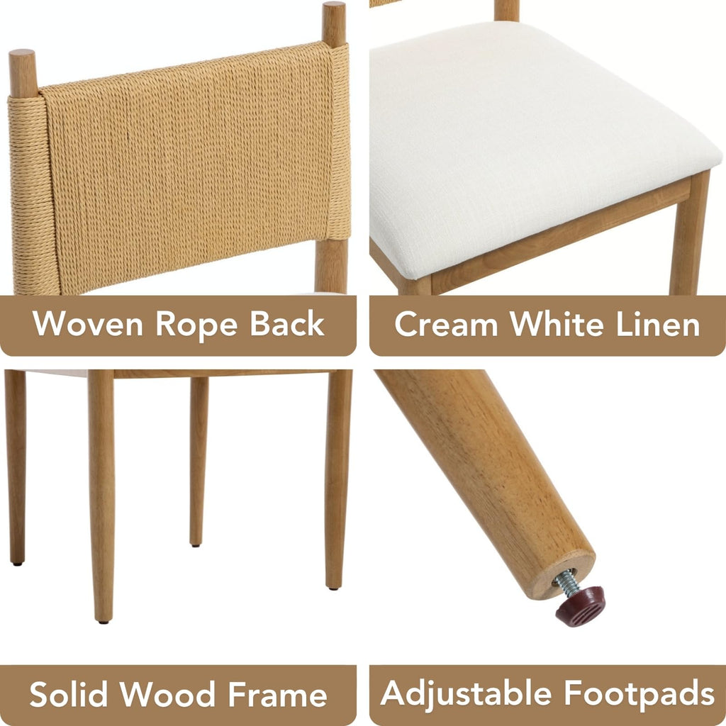 Modern Coastal Woven Dining Chairs Set of 4, Natural Oak Wood