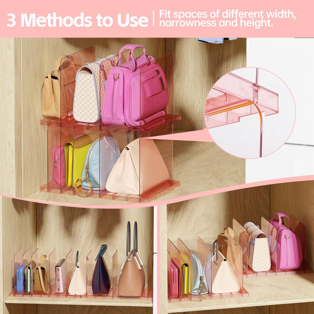 4 Pack Purse Organizer for Closet, Stackable Storage Shelf, Pink