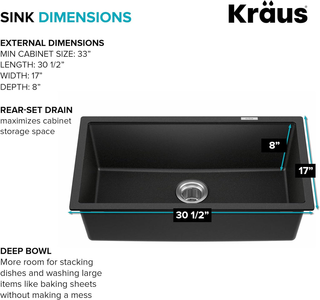 Black Onyx 31 in Undermount Granite Kitchen Sink KGU-413B | Quartz composite with metallic particles, heat-safe
