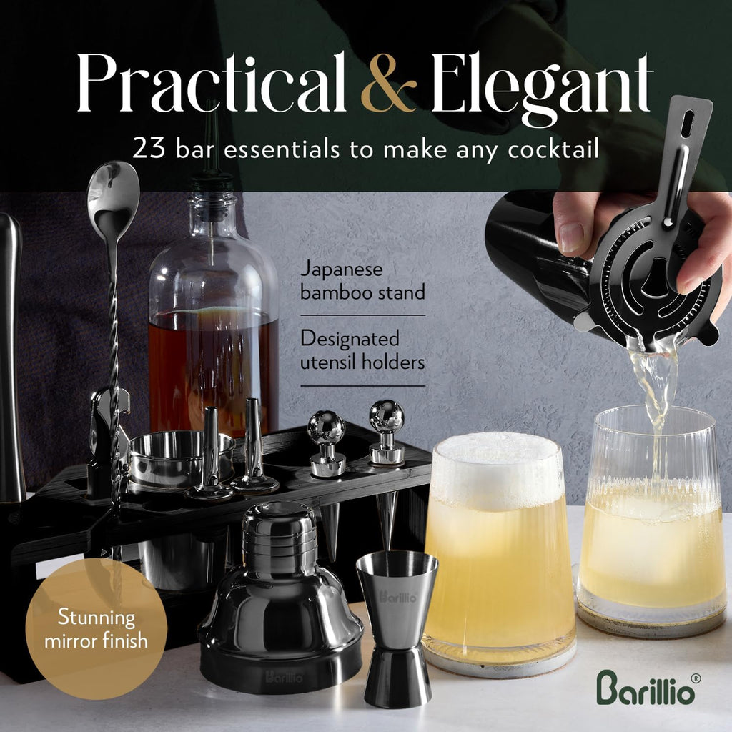 Black Bartender Kit - Stainless-Steel Cocktail Shaker Set w/Black Bamboo Stand - Mixology Bar Tools w/Drink Shaker - Set of 23
