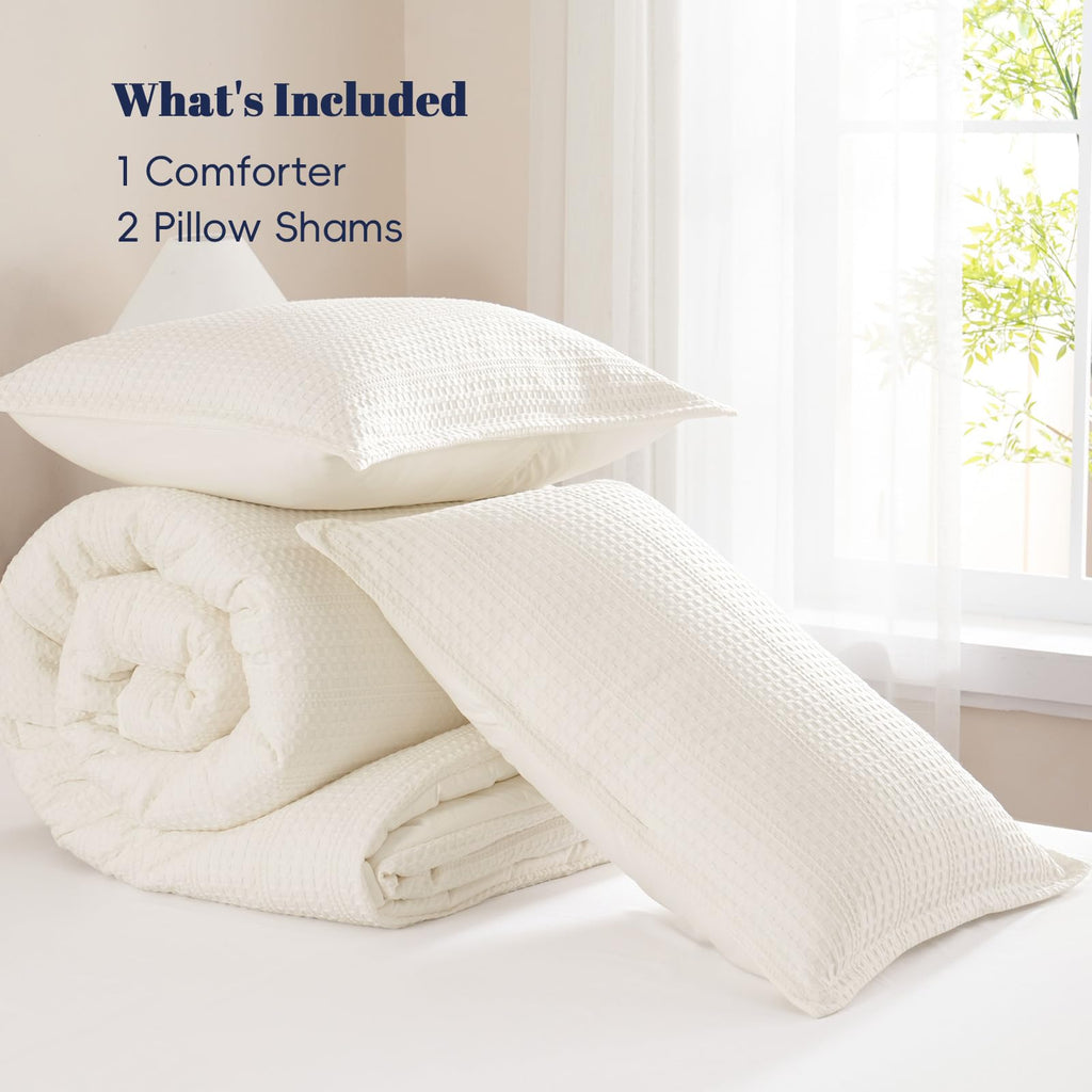Soft Waffle Comforter Set - Comfy Breathable Waffle Weave Comforter with 2 Pillow Shams, 3 Pieces Less