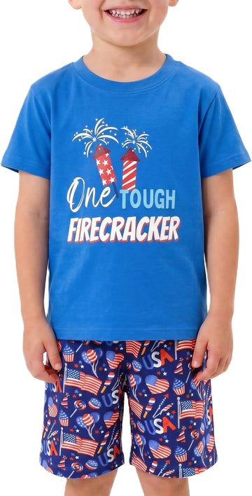 Boys 2pc Shorts Set Outfit Short Sleeve Shirt with Fun Applique Print and Shorts