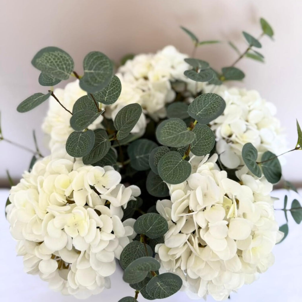 Real Touch White Faux Hydrangea And Eucalyptus Arrangement, Faux Floral Arrangements, Hyper Realistic Artificial - Set of 8