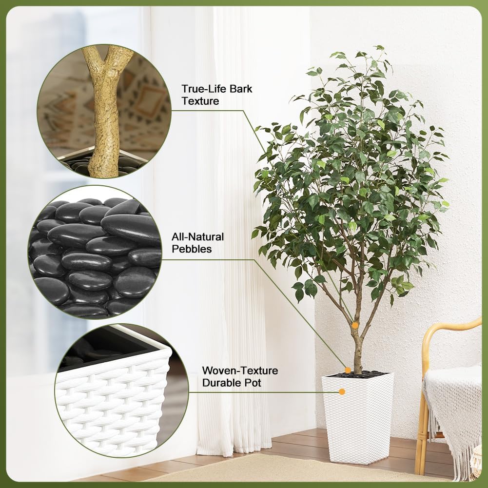 6FT Artificial Ficus Tree with White Taper Planter & Pebbles- Tall Faux Trees with UV Resistant Silk Leaves Outdoor