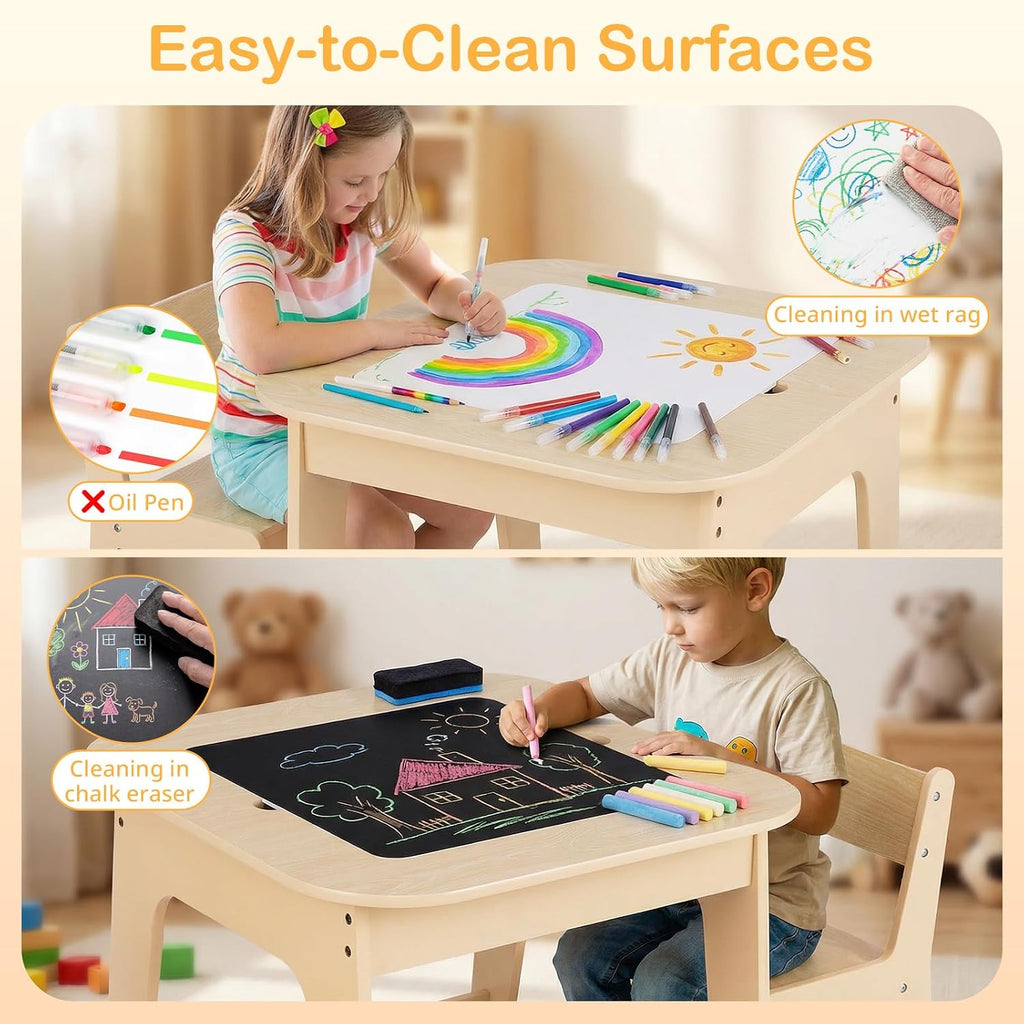 Kids Table and Chair Set, 3 in 1 Wooden Activity Table with Removable Tabletop, Blackboard and Whiteboard