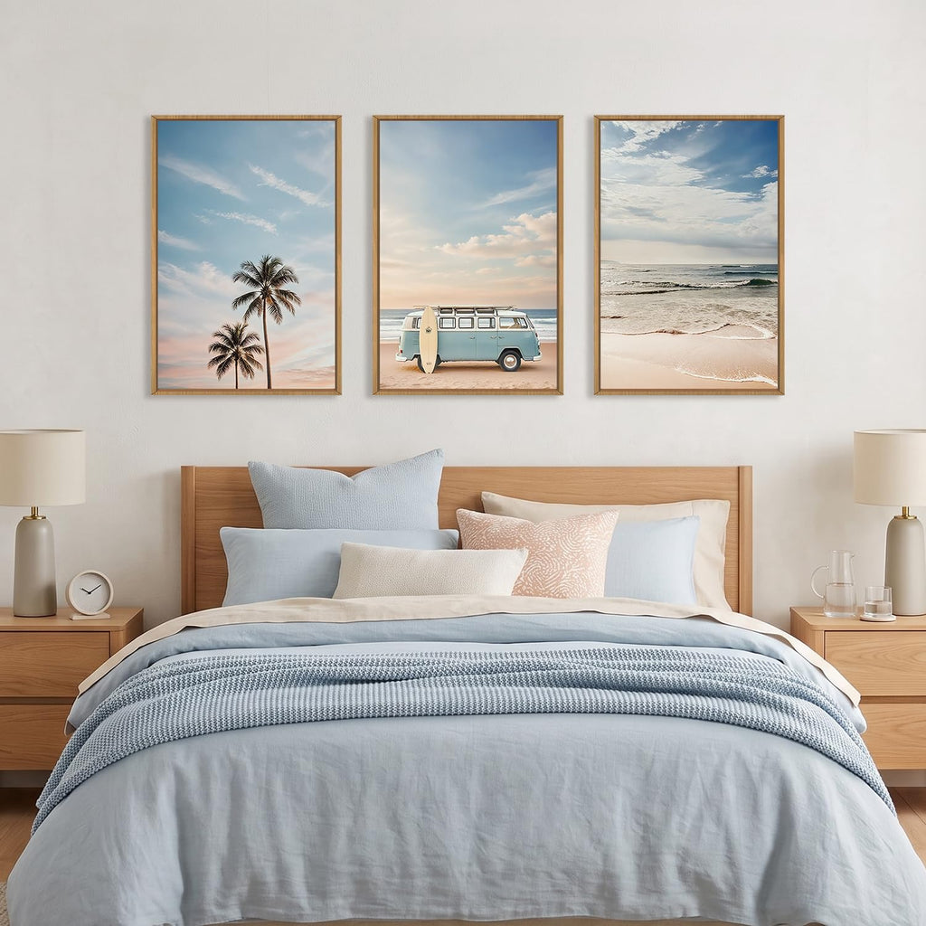 Large Ocean Beach Surfboard Framed Canvas Wall Art Set -16"x24"x3