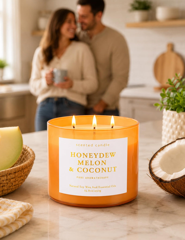 Fruity Honeydew Melon Coconut Scented Candle, Large 3 Wick Soy, 15.8 Oz