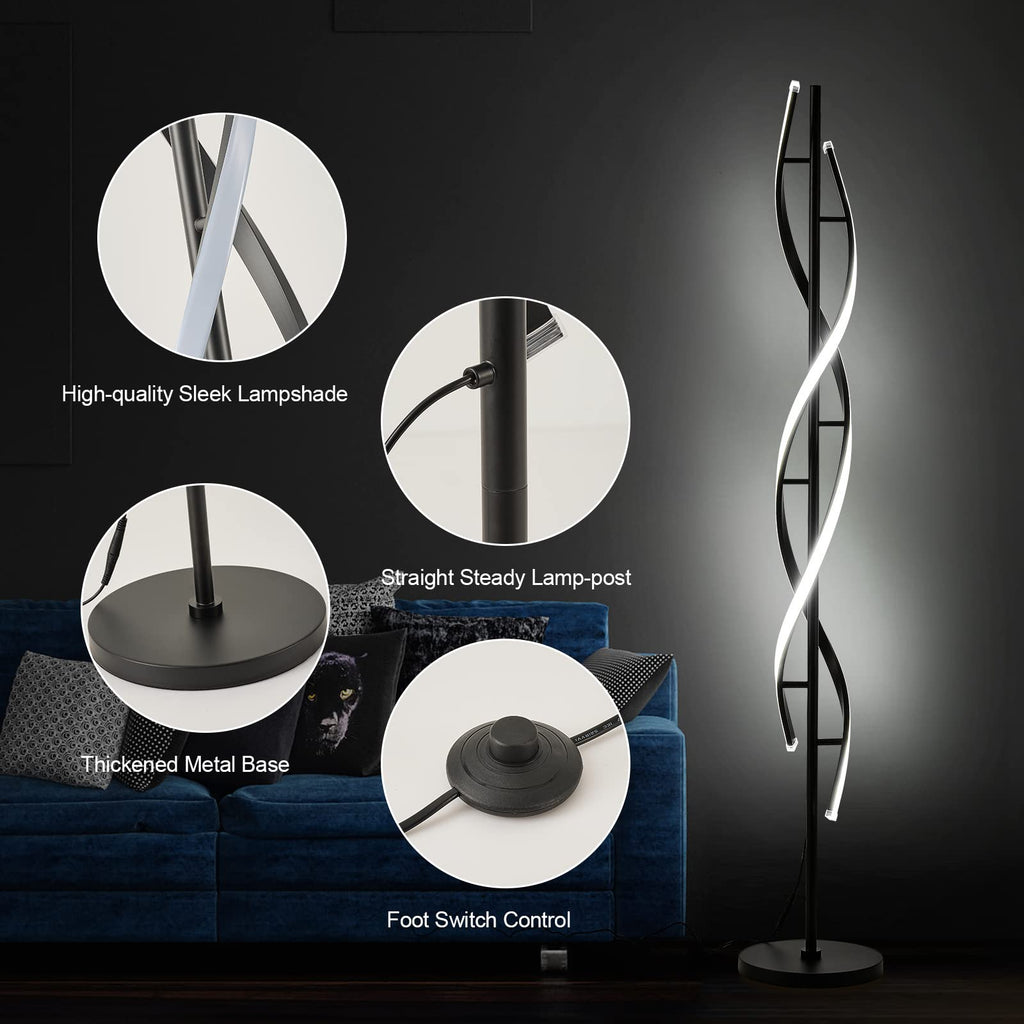 Spiral LED Floor Lamp, Modern Floor Lamps with Remote Control 60 Inch Dimmable Black Floor Lamp 48W Standing Lamp