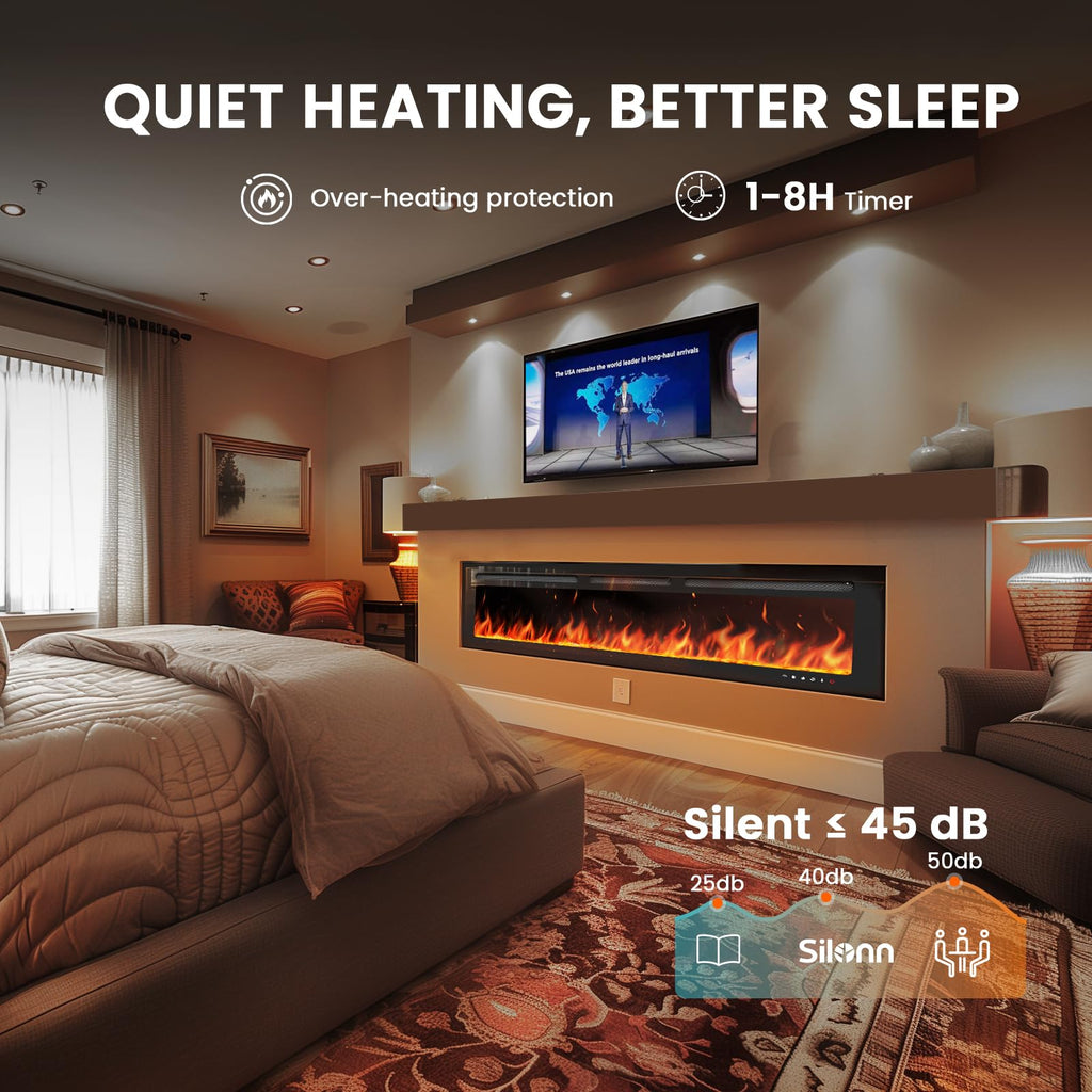 60-Inch Smart Electric Fireplace, 1400W Wall-Mounted or Recessed Fireplace Heater with Ultra-Slim Design, WiFi App