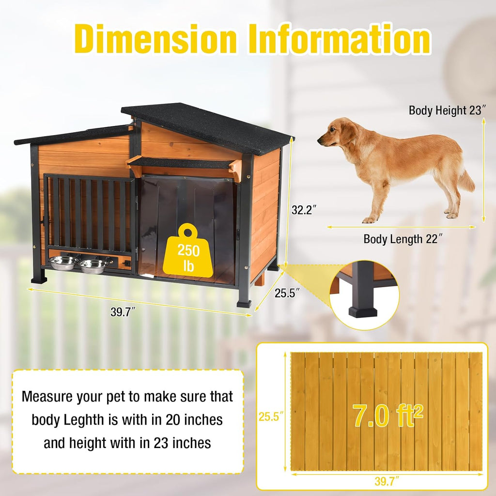Outside Chew-Resistant Dog House with Metal Frame, Indoor/Outdoor Wooden Dog House with Waterproof Roof and Food
