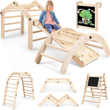 In-1 Deformable Triangle Set with Sliding Ramp & Climbing Arch Ramp, Wooden Toddler Climbing Toys Indoor