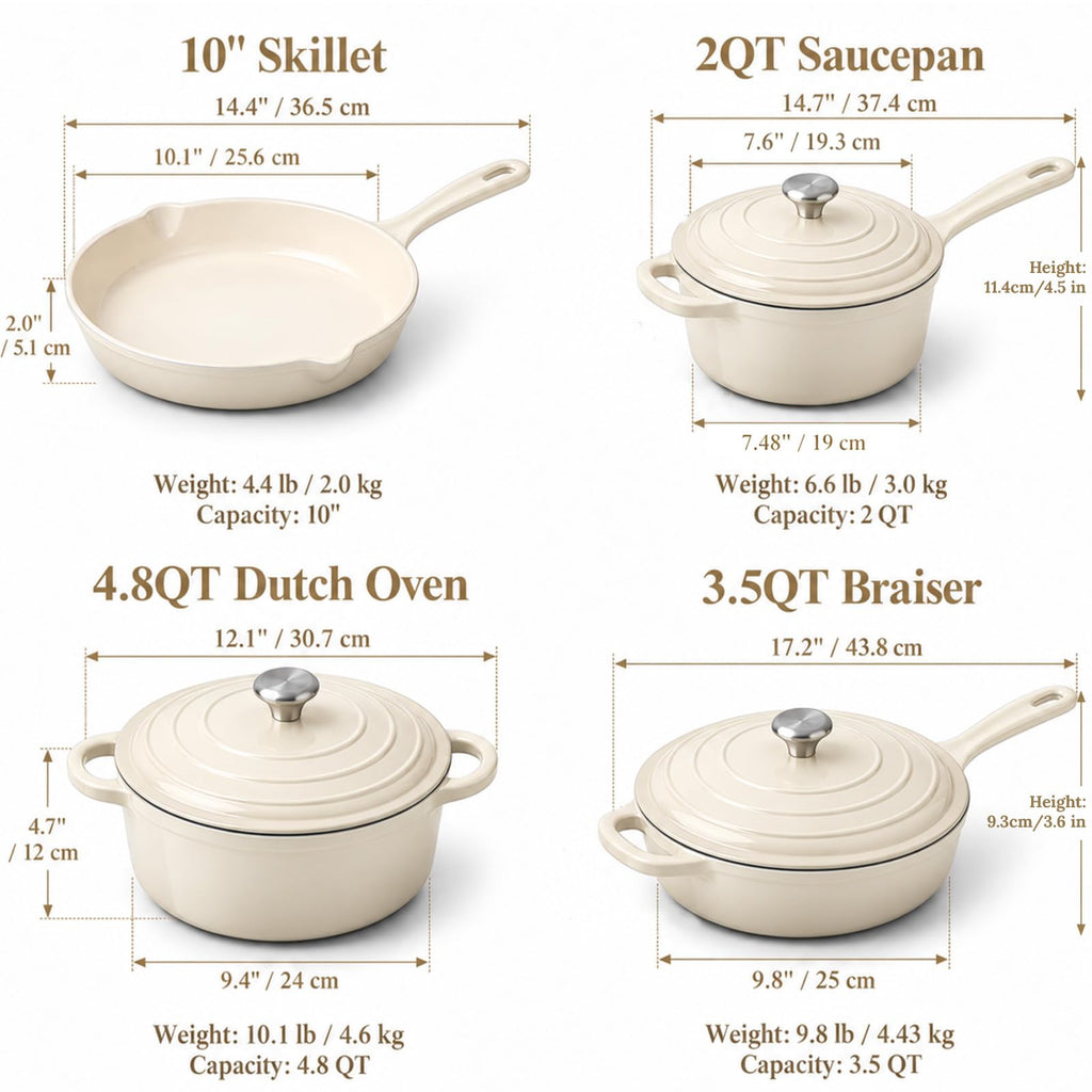 Nonstick Enameled Cast Iron Cookware Set, 4-Pcs Pots and Pans with Lids