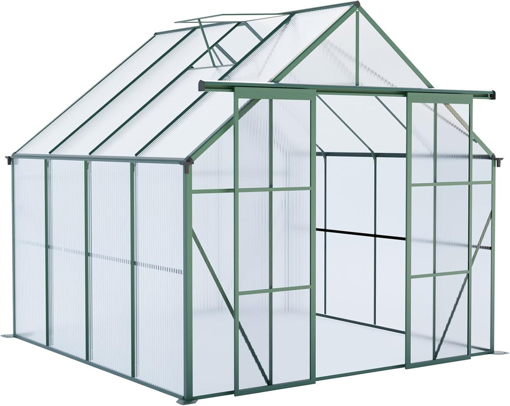 8x8 FT Green Outdoor Walk-in Polycarbonate Greenhouse Dual Sliding Doors Adjustable Roof Vent Aluminum Frame