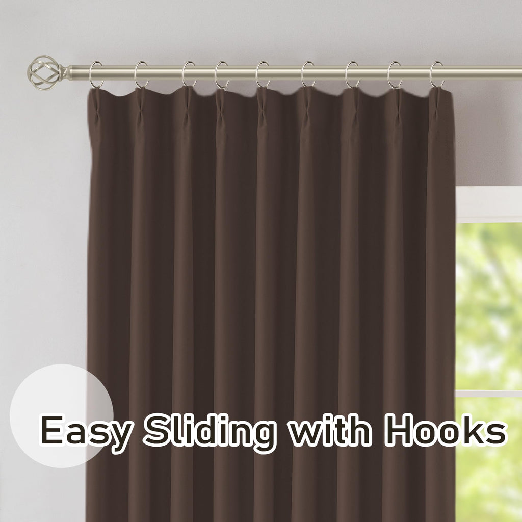 Brown Pinch Pleated Blackout Curtains with Hooks - 144 inches Extra Long Room Darkening Thermal Insulated Window