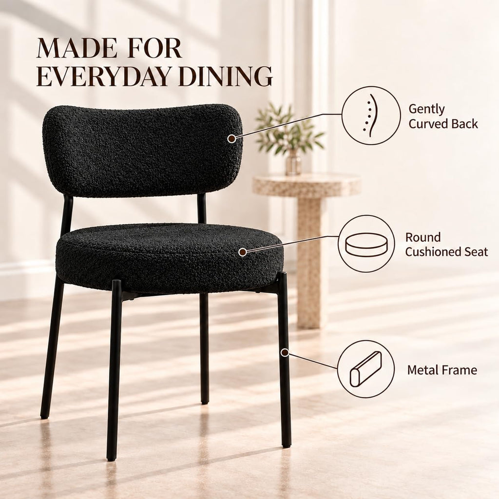 Boucle Dining Chairs Set of 4, White Mid Century Modern Kitchen Dining Room Chairs with Curved Backrest and Metal