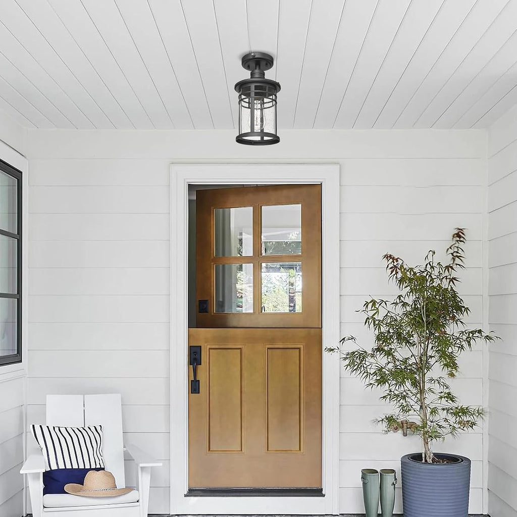 Semi Ceiling Light Fixtures, Dusk to Dawn Black Flush Mount Ceiling Lighting with Waterproof Seeded Glass Shade