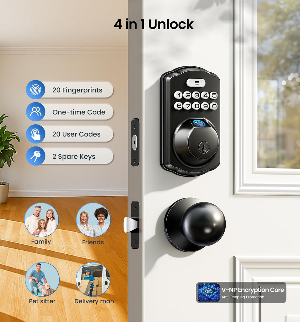 Fingerprint Deadbolt Door Lock with Knob Set, Matte Black