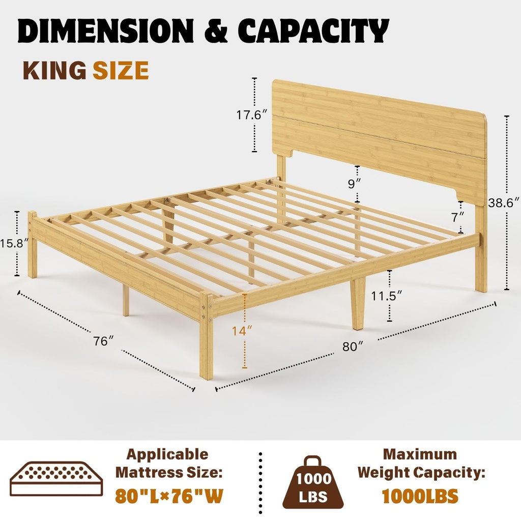14 Inch Solid Bamboo Wood King Size Bed Frame with Headboard, Platform Bed Frame King with Metal Slats, No Box Spring