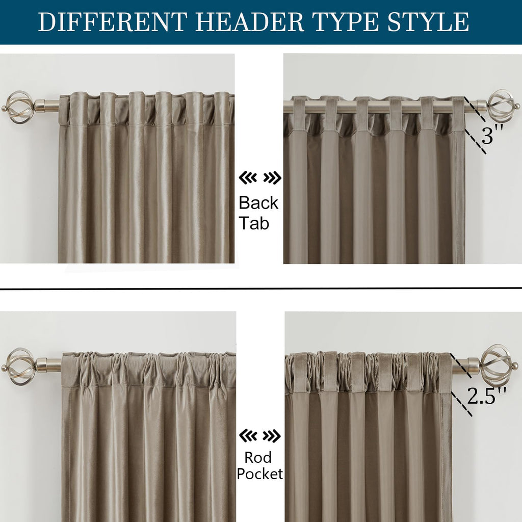 Taupe Curtains 120 inch, 2 Panels Velvet Drapes Blackout Rod Pocket Back Tab Window Treatment Room Darkening