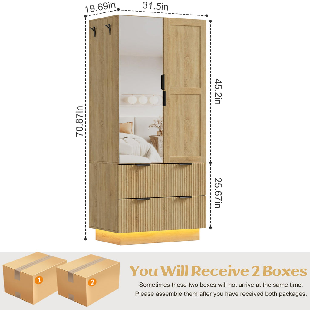 Wardrobe Closet with 2 Doors, Pegboard and Mirror, Wood Armoires