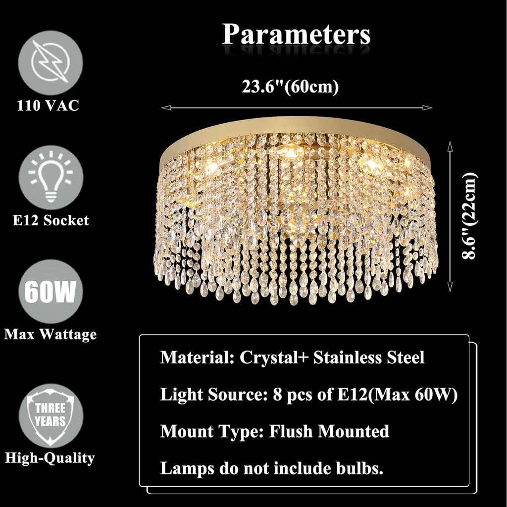 Modern Crystal Chandelier 24 inch Large Gold Chandeliers Ceiling Light Round Raindrop Chandeliers Flush Mount