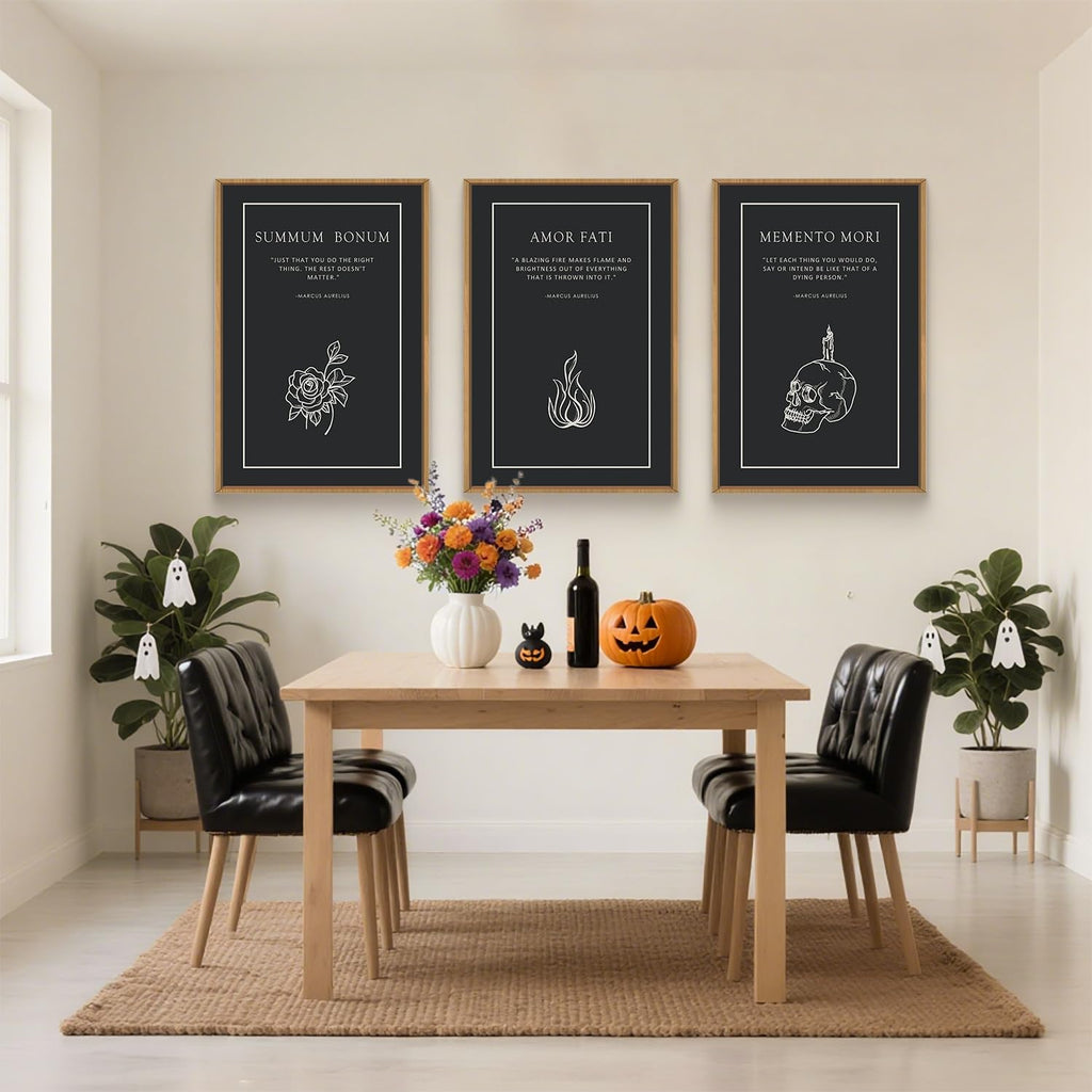 Halloween Canvas Wall Art Set of 3, Black Skeleton Meditations Home Decor, Amor Fati Memento Mori Stoic