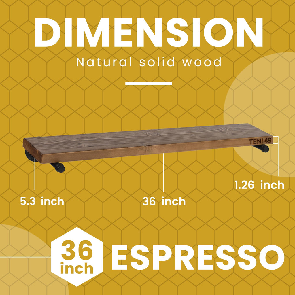 Industrial Pipe Wood Wall Shelf - 36" Espresso Real Wooden Shelving - Modern Interior Decor Floating Shelves w/Iron