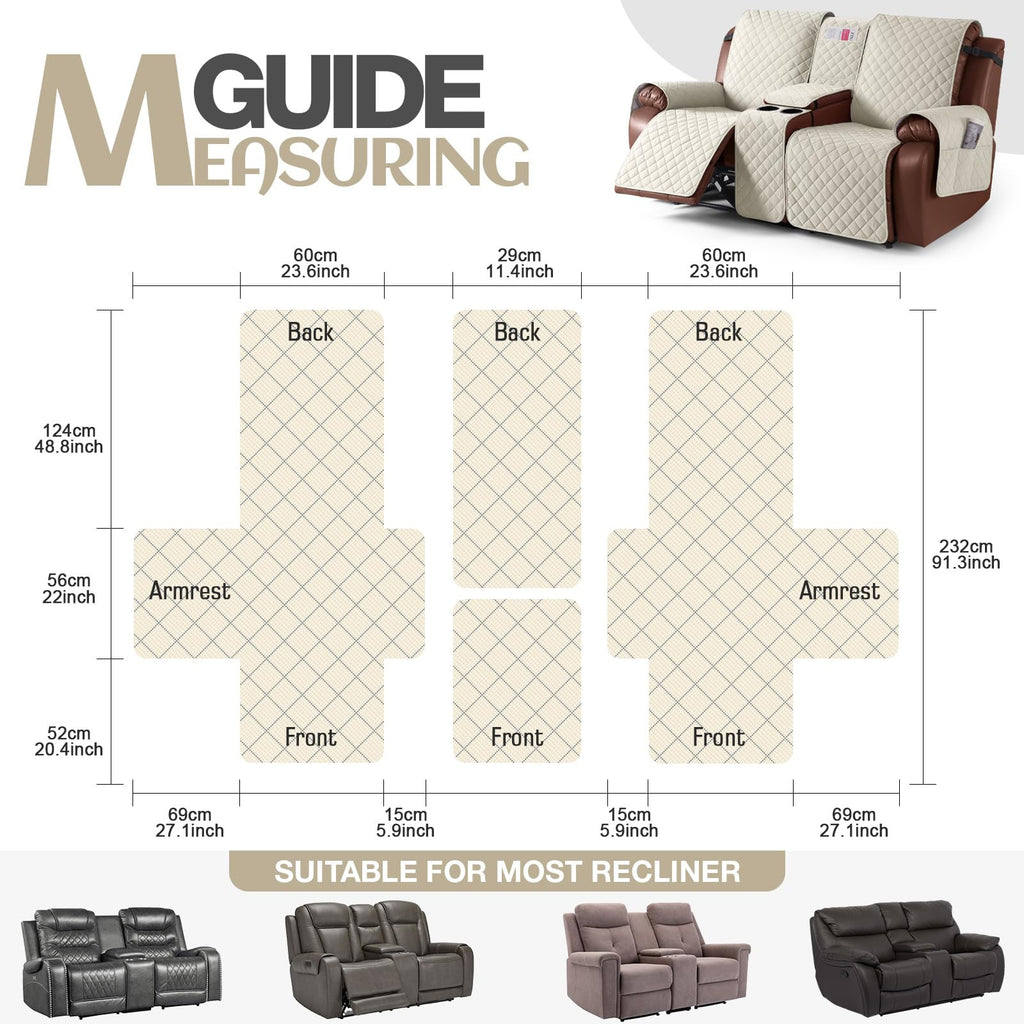 100% Waterproof Loveseat Recliner Cover with Console, Ivory
