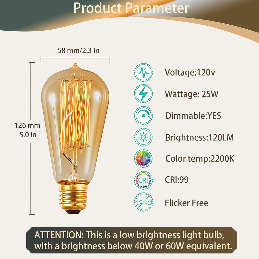 ST58 Vintage Antique Light Bulbs-25W E26 Base 120 Volts Dimmable Edison Light Bulbs,Amber Glass, Warm White 2200K (2