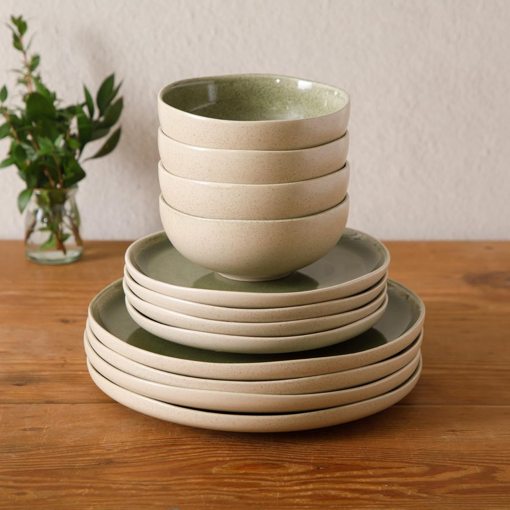 Manila Bay 12-Piece Stoneware Dinnerware Set, Service for 4, Reactive Glaze Modern Artisan Plates, Bowls & Mugs, Green