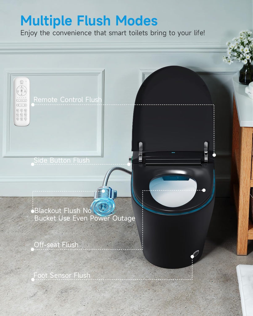 Black Smart Toilet with Bidet Built In, Auto Open/Close Lid, Heated Seat, Warm Wash & Dryer, Night Light