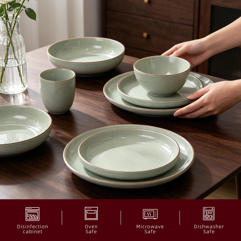 Eur-Nordic Shape Raising Rim 20pc Dinnerware Set, Shiny Glaze Green with Speckle Effect