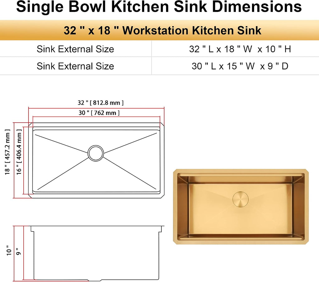 Gold Undermount Kitchen Sink,16 Gauge SUS304 Stainless Steel All In One Workstation Sinks with Full Set Accessories