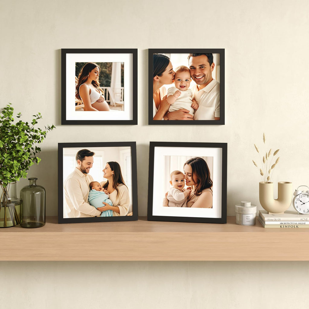 11x11 Picture Frames 4 PCS, Made of Solid Wood Covered by Plexiglass for Pictures 4x4/8x8 with Mat for Table Top