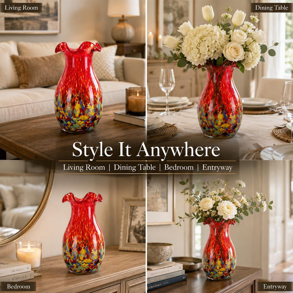10.6in H Red Hand Blown Glass Vase, Beautiful Wide Mouth Glass Flower Vase