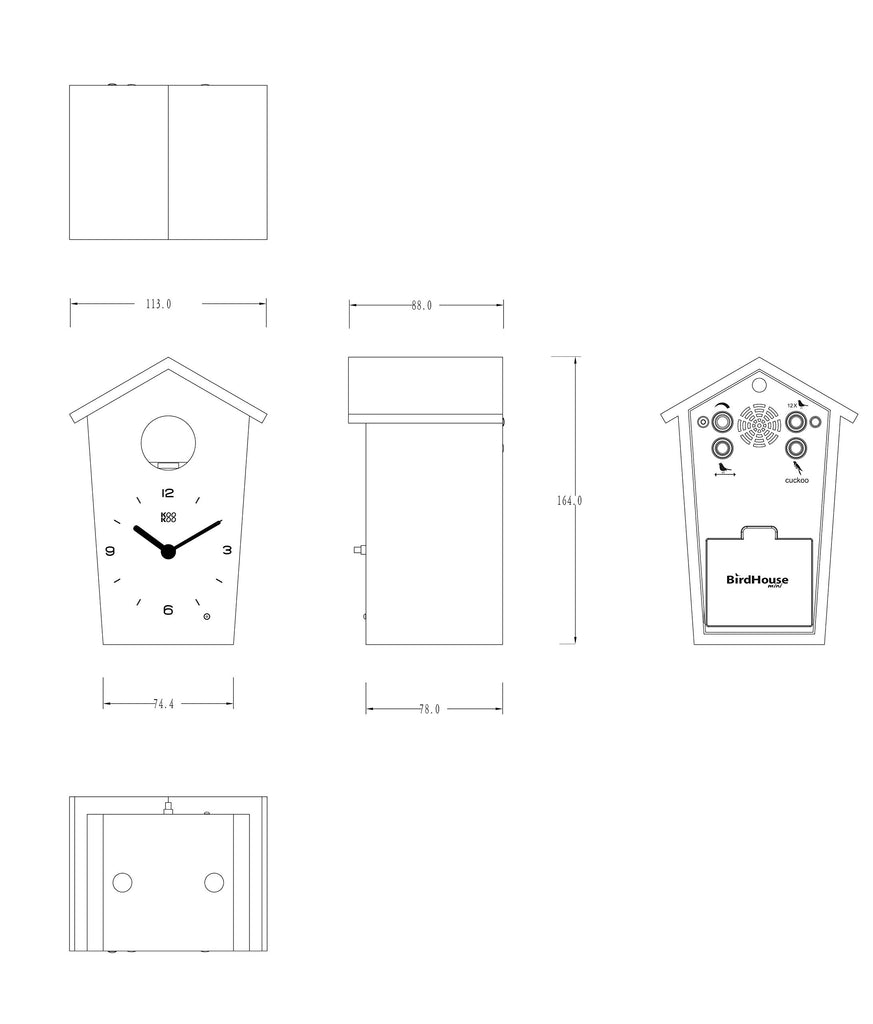 Birdhouse Mini White, Tiny Modern Cuckoo Clock with 12 Natural Bird Songs or Cuckoo Call