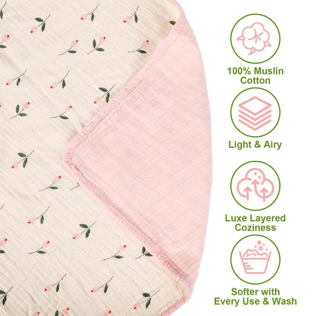 Muslin Baby Blanket Crib Blanket, Double-Sided for Girls, 40x40 Inch - Pink & Floral Print Quilt Blankets, Soft