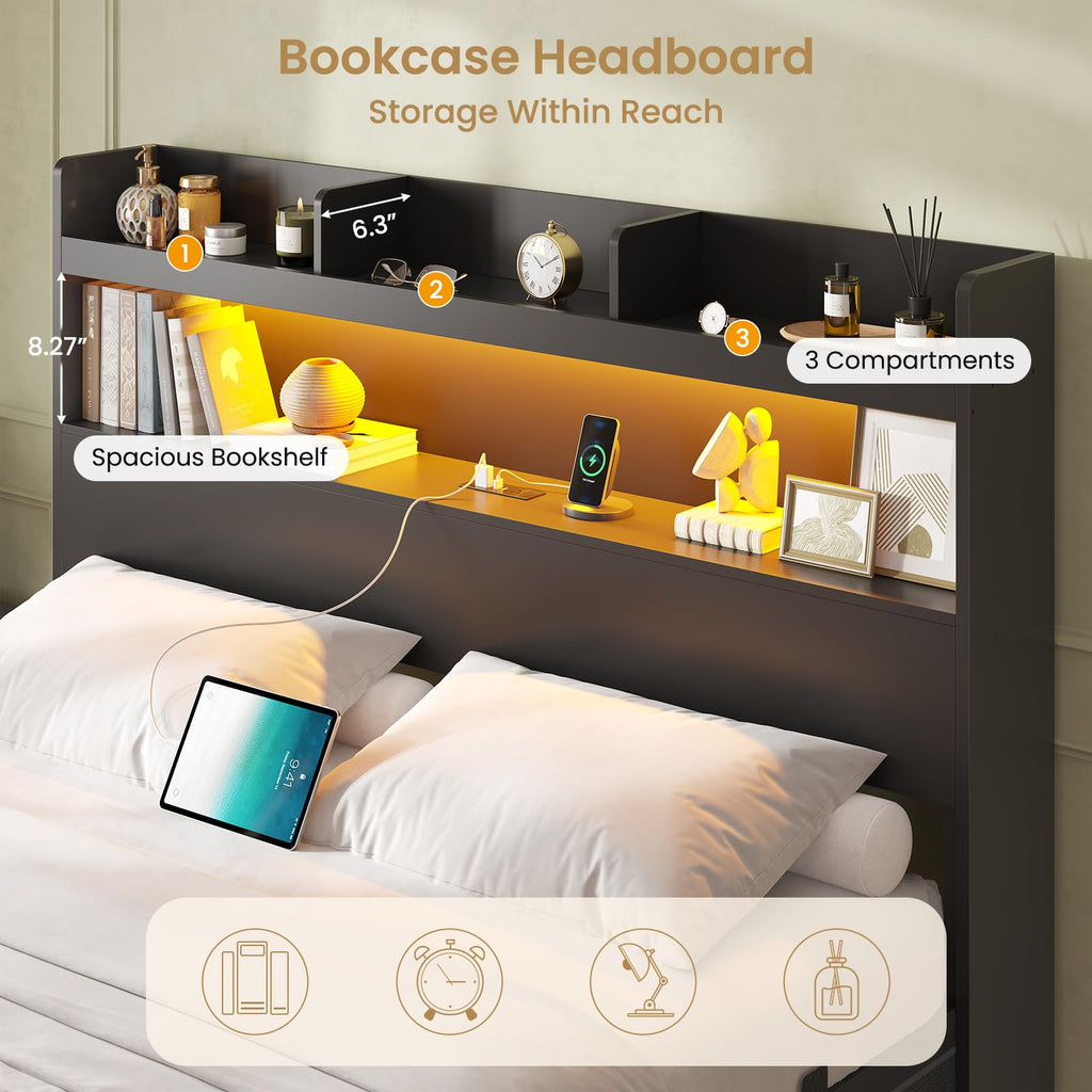 Queen Bed Frame with Storage Headboard & 5 Drawers, LED Bed Frame Queen Size with Charging Station, Wooden Platform