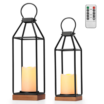 Metal Lanterns w/ Pine Wood, Set of 2 Farmhouse Lantern Decorative w/ Waterproof Flameless Candle & Remote Timer