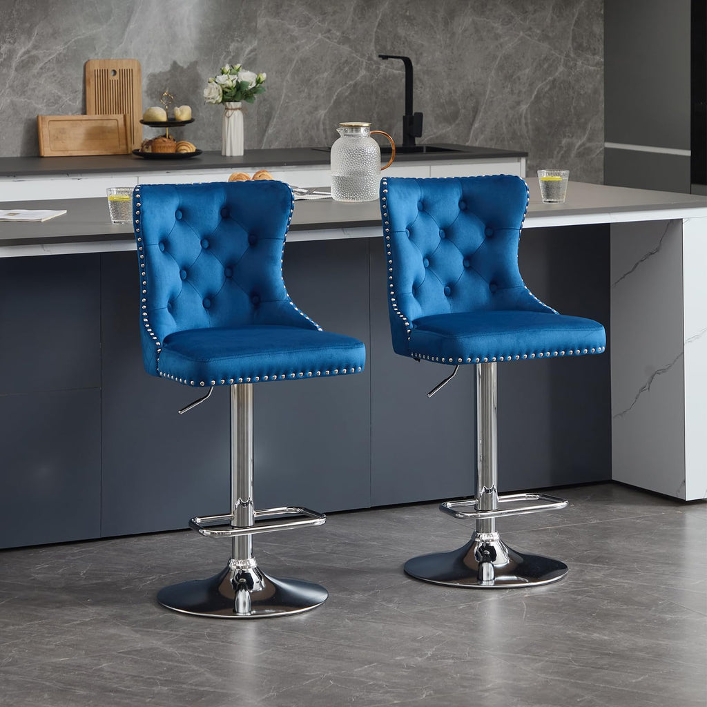 Swivel Barstools Set of 2 with Ring Pull Modern Velvet Adjustable Stools with High Tufted Back Upholstered Kitchen